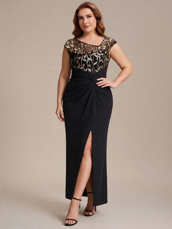 Dresses & Skirts - Elegant Slate Blue Evening Gown with Embellished Illusion Bodice